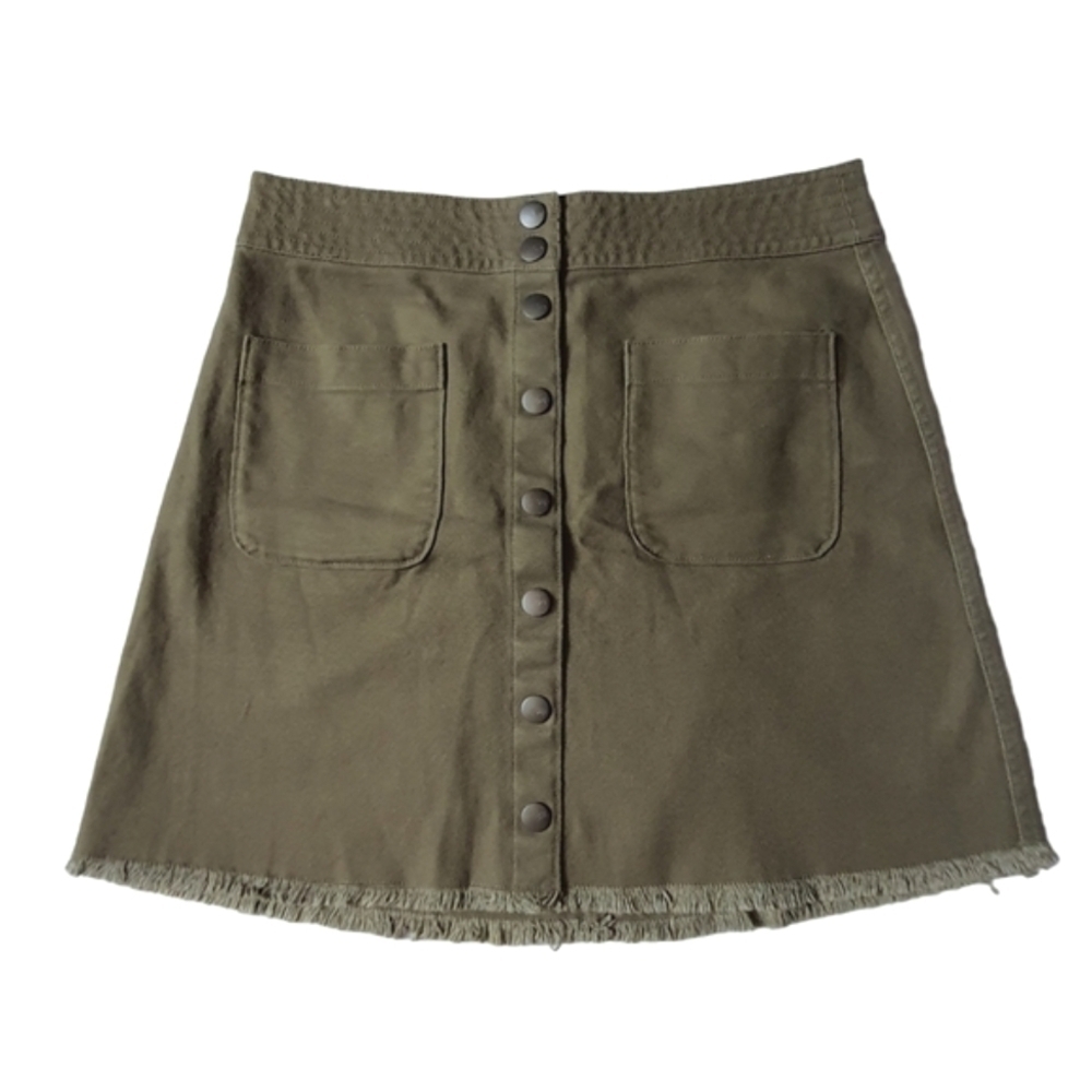 Madewell  Green Jean Skirt Size 4 Button Front Olive Raw Hem A-line Snap Pockets